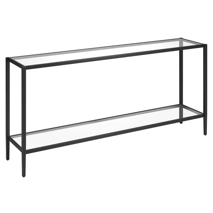Hudson & Canal – Hera 64in Wide Rectangular Console Table with Glass Shelf in Blackened Bronze – AT1548