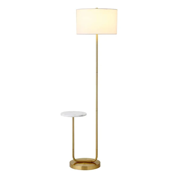 Hudson & Canal – Jacinta Floor Lamp with Marble Tray Table and Fabric Shade in Brass/White – FL2129
