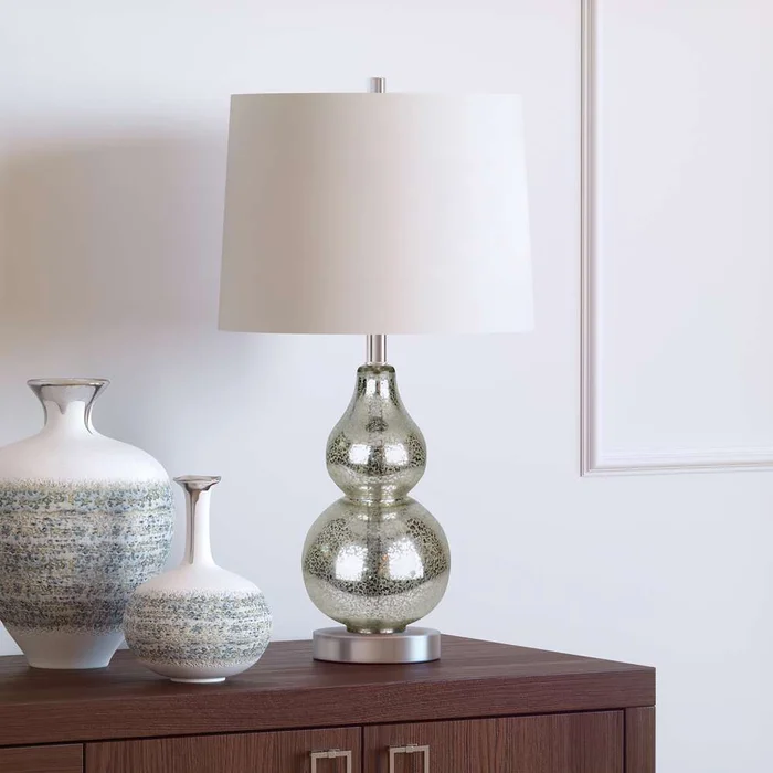 Hudson & Canal – Katrina 21.25in Tall Petite Table Lamp with Fabric Shade in Mercury Glass/Satin Nickel/White – TL0046