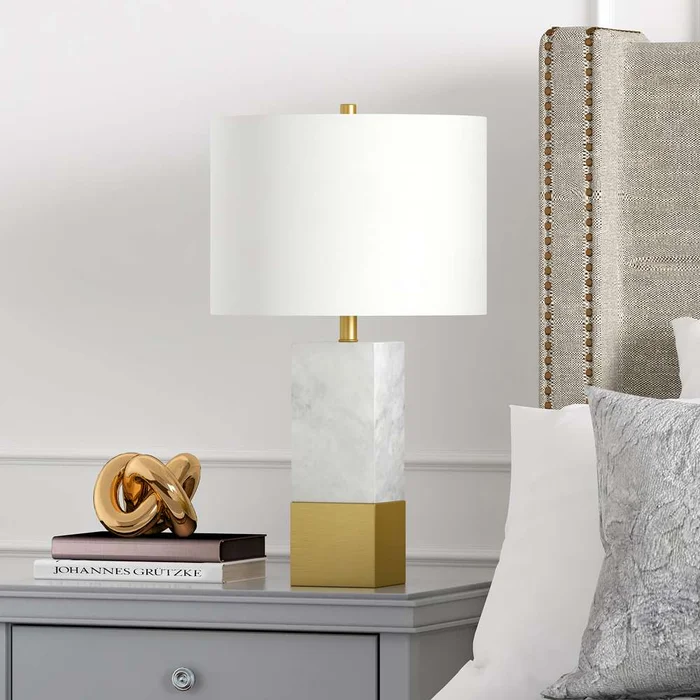 Hudson & Canal – Lena 21.5in Tall Table Lamp with Fabric Shade in Marble and Brass/White – TL0048