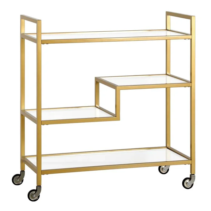 Hudson & Canal – Lovett 33in Wide Rectangular Bar Cart with Glass Shelves in Brass – BC1741