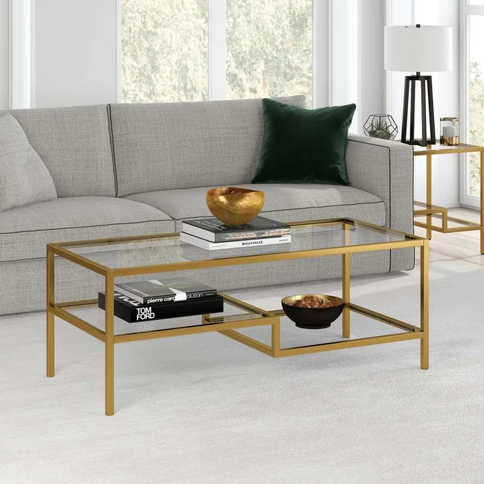 Hudson & Canal – Lovett 45in Wide Rectangular Coffee Table in Brass – CT0359