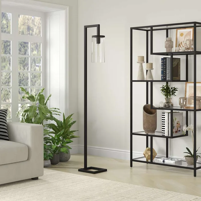 Hudson & Canal – Malva 67.75in Tall Floor Lamp with Glass Shade in Blackened Bronze/Clear – FL0419