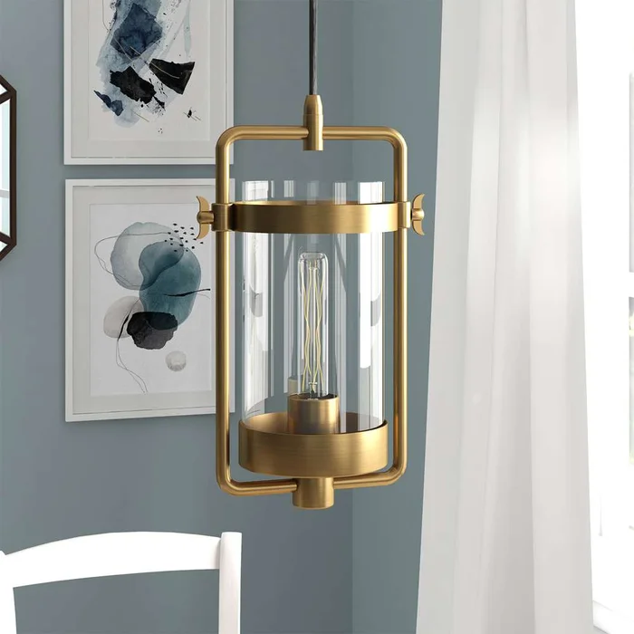 Hudson & Canal – Orion 11in Wide Industrial Pendant with Glass Shade in Brass/Clear – PD0248