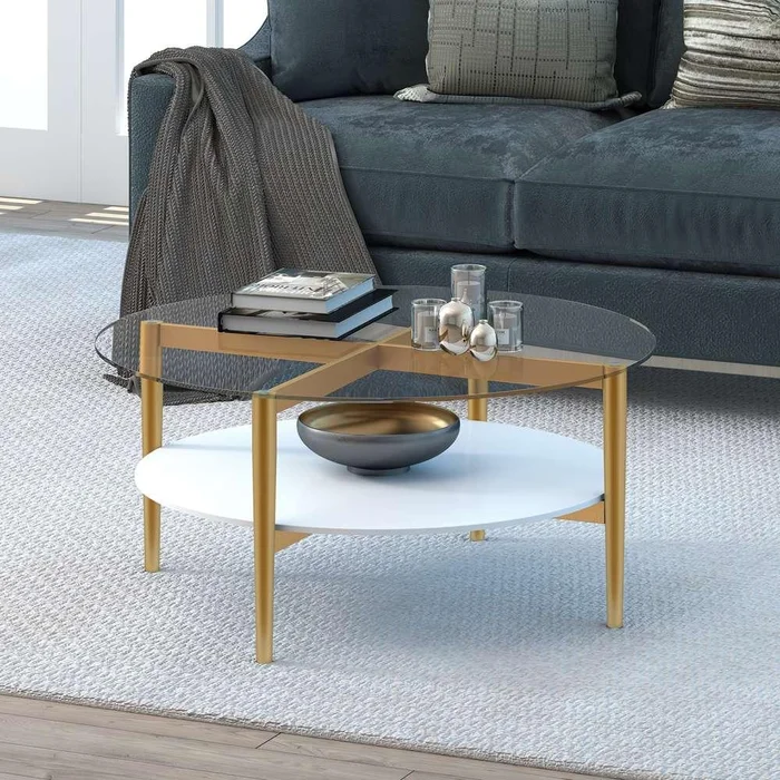 Hudson & Canal – Otto 36in Wide Round Coffee Table with MDF Shelf in Brass/White Lacquer – CT0139