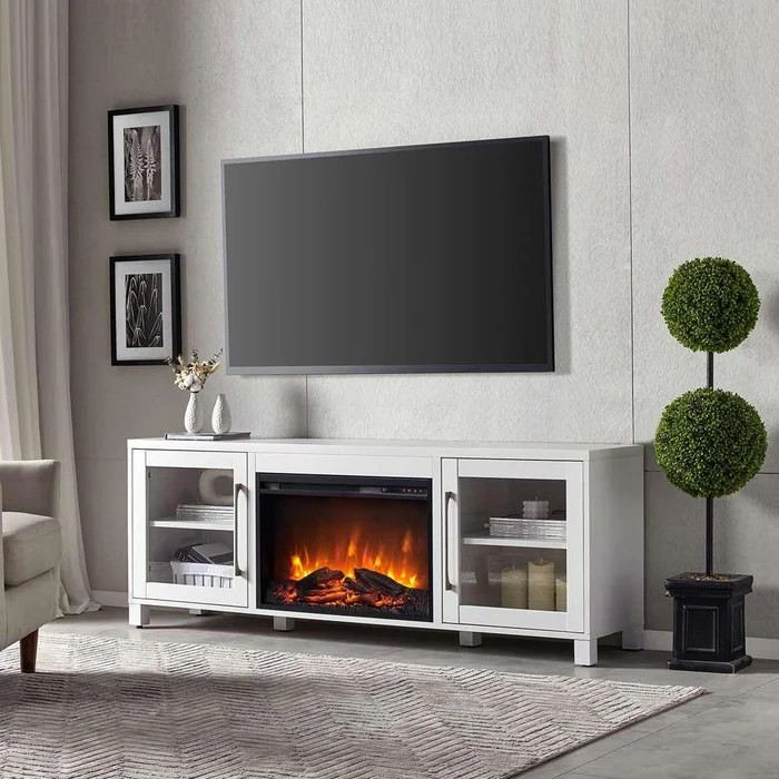 Hudson & Canal – Quincy Rectangular TV Stand with 26in Log Fireplace for TVs up to 75in in White – TV1480