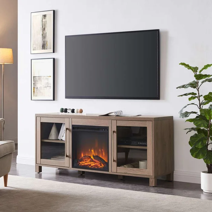 Hudson & Canal – Quincy Rectangular TV Stand with Log Fireplace for TVs up to 65in in Antiqued Gray Oak – TV1416