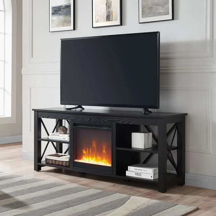 Hudson & Canal – Sawyer Rectangular TV Stand with Crystal Fireplace for TVs up to 65in in Black – TV1303