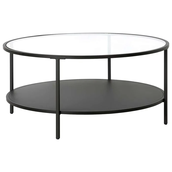 Hudson & Canal – Sivil 36in Wide Round Coffee Table with Glass Top and Metal Shelf in Blackened Bronze – CT1754