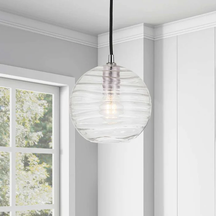 Hudson & Canal – Wayve 8in Wide Textured Pendant with Glass Shade in Polished Nickel/Clear – PD0079