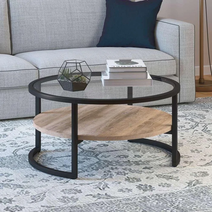 Hudson & Canal – Winston 34.75in Wide Round Coffee Table in Blackened Bronze/Limed Oak – CT0224