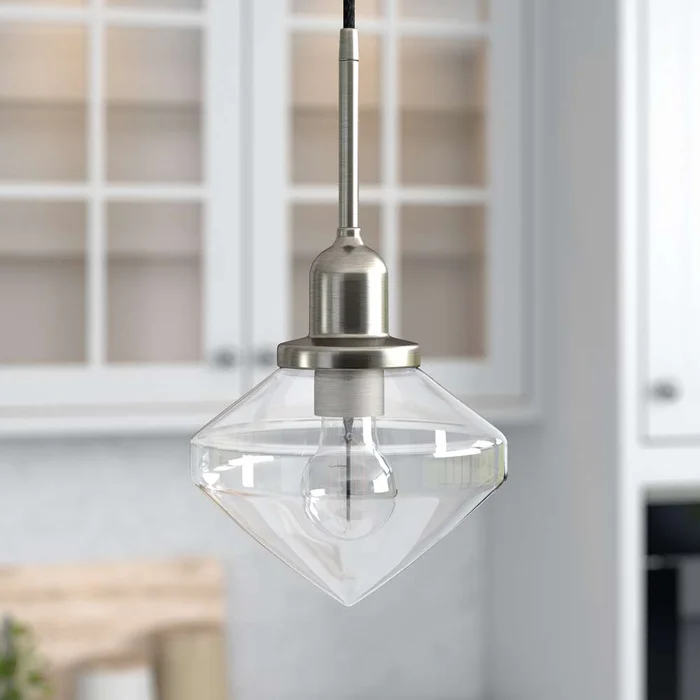 Hudson & Canal – Zariza 8in Wide Pendant with Glass Shade in Brushed Nickel/Clear – PD0614