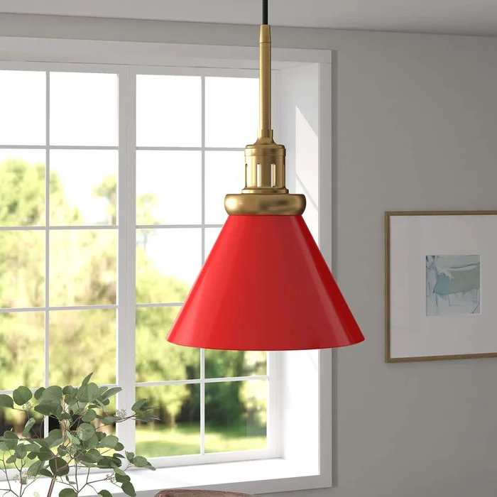 Hudson & Canal – Zeno 8.5in Wide Pendant with Metal Shade in Poppy Red/Brass/Poppy Red – PD1448