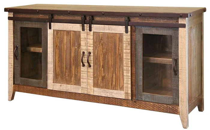 IFD – Antique Multicolor 70in TV Stand w/2 Glass doors w/ 1 middle shelf, 2 Sliding doors, w/2 shelves – IFD962STAND-70