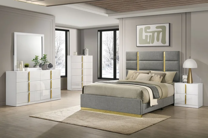 Ines 5-piece Queen Bedroom Set Grey and White High Gloss