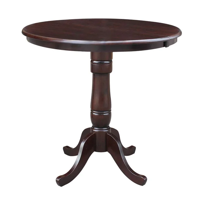 International Concepts – 36in Round Top Ped Table with 12in Leaf – 35.3inH – Counter Height in Rich Mocha Finish – K15-36RXT-6B