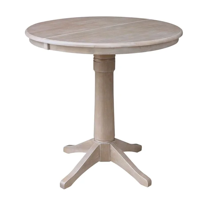 International Concepts – 36in Round Top Ped Table with 12in Leaf – 36.1inH – Counter Height in Washed Gray Taupe Finish – K09-36RXT-27B-6B
