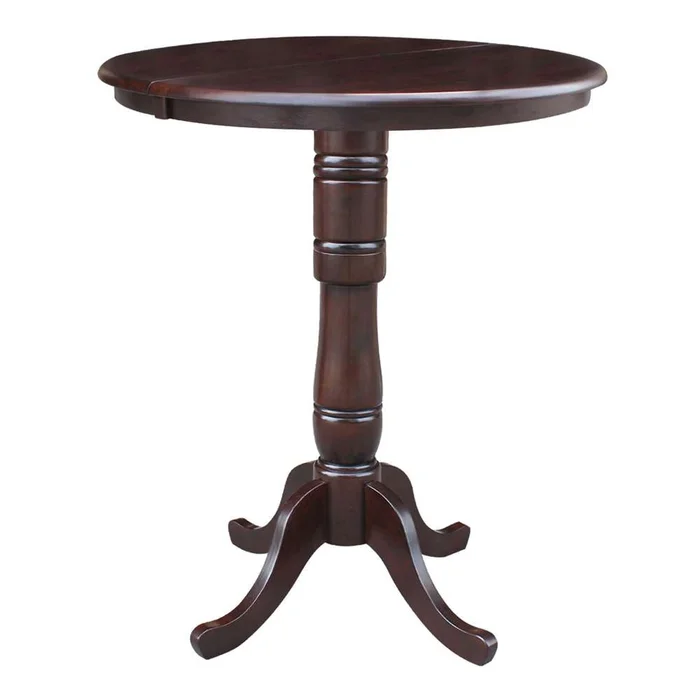 International Concepts – 36in Round Top Ped Table with 12in Leaf – 41.3inH – Bar Height in Rich Mocha Finish – K15-36RXT-6B-2