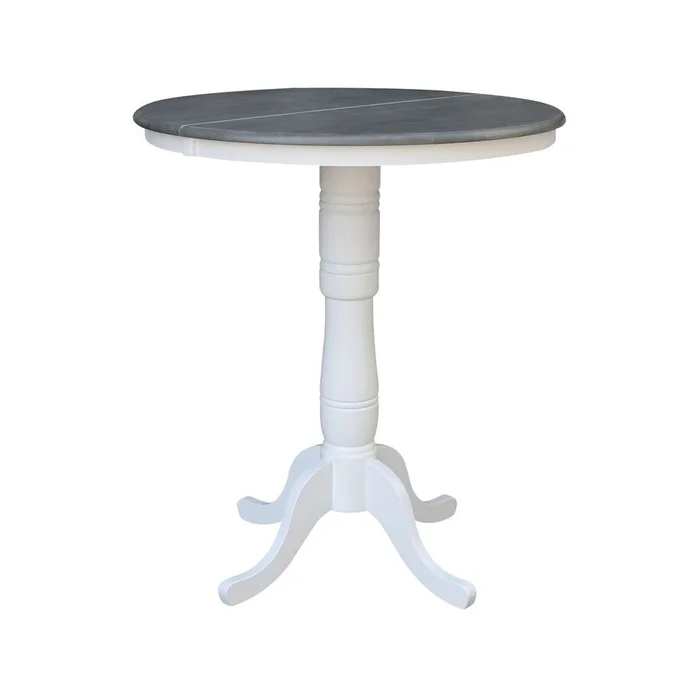 International Concepts – 36in Round Top Ped Table with 12in Leaf – 41.3inH – Bar Height in White/Heather Gray Finish – K05-36RXT-6B-2