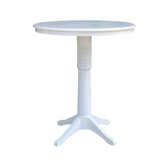 International Concepts – 36in Round Top Ped Table with 12in Leaf – 42.1inH – Bar Height in White Finish – K08-36RXT-27B-6B-2