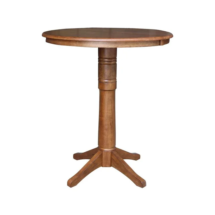 International Concepts – 36in Round Top Ped Table with 12in Leaf – 42.1inH – Bar Height in Distressed Oak Finish – K42-36RXT-27B-6B-2