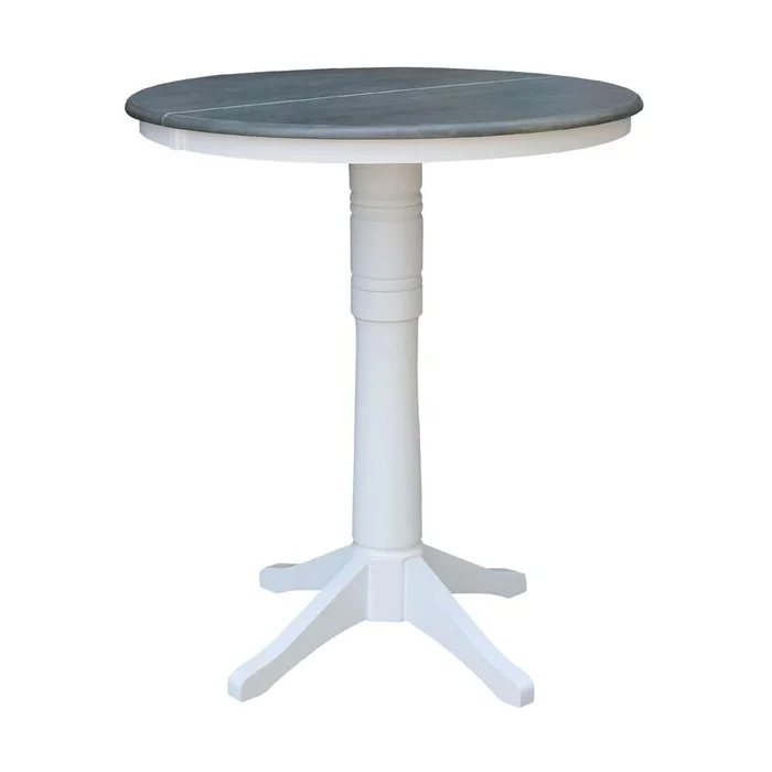 International Concepts – 36in Round Top Ped Table with 12in Leaf – 42.1inH – Bar Height in White/Heather Gray Finish – K05-36RXT-27B-6B-2