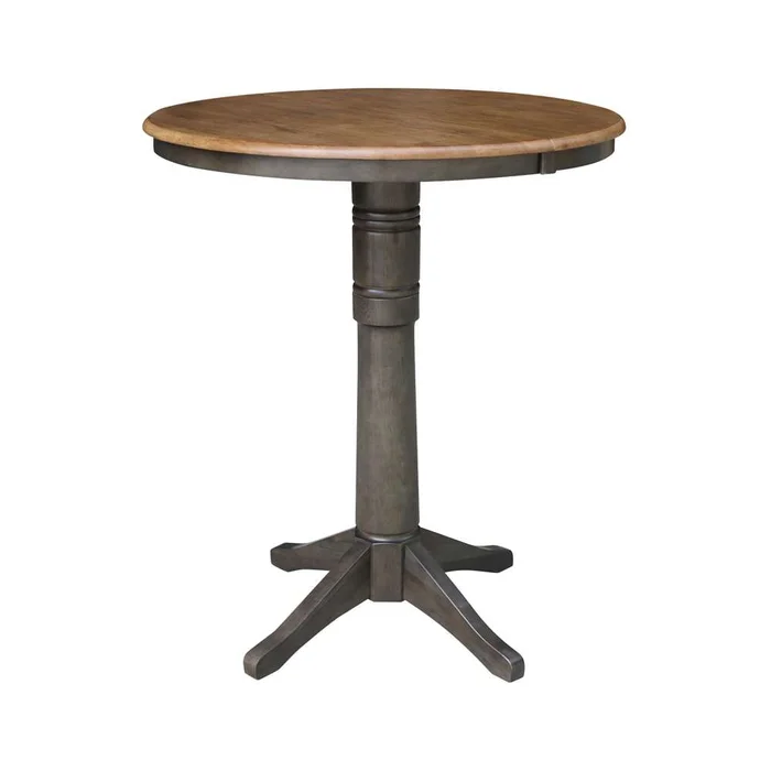 International Concepts – 36in Round Top Ped Table with 12in Leaf – 42.1inH – Bar Height in Hickory/Washed Coal Finish – K45-36RXT-27B-6B-2