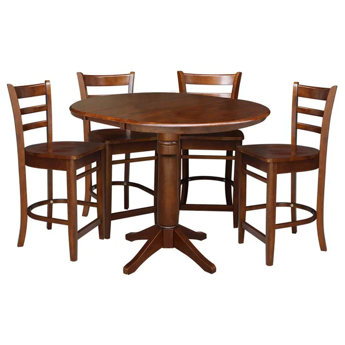 International Concepts – (Set of 5 Pcs) 36in Round Extension Dining Table with 4 Counter Height Stools in Espresso Finish – K581-36RXT-27-S61724