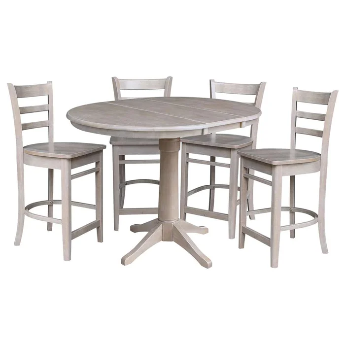 International Concepts – (Set of 5 Pcs) 36in Round Extension Dining Table with 4 Counter Height Stools in Washed Gray Taupe Finish – K09-36RXT-27-S6172-4