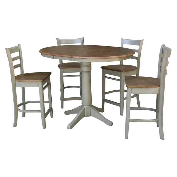 International Concepts – (Set of 5 Pcs) 36in Round Extension Dining Table with 4 Counter Height Stools in Hickory/Stone Finish – K41-36RXT-27B-S6172-4