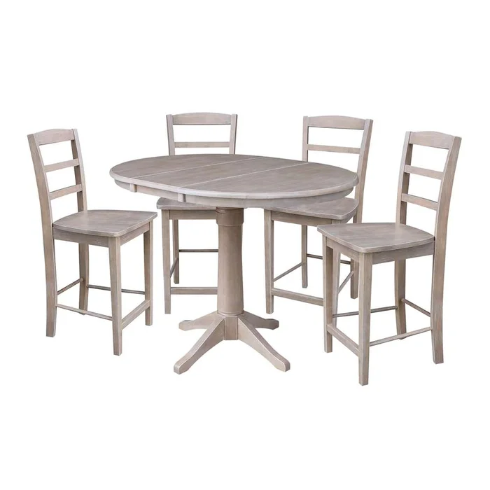 International Concepts – (Set of 5 Pcs) 36in Round Extension Dining Table with 4 RTA Counter Height Stools in Washed Gray Taupe Finish – K09-36RXT-27B-S402-4