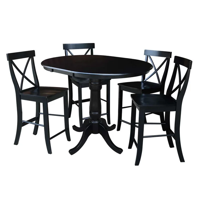 International Concepts – (Set of 5 Pcs) 36in Round Extension Dining Table with 4 X-Back Counter Height Stools in Black Finish – K46-36RXT-S6132-4
