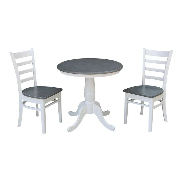 International Concepts (Set of 3 Pcs) -30in Round Top Ped Table with 2 Emily Chairs in White/Heather Gray Finish – K05-30RT-C617P