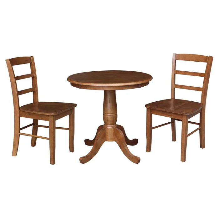 International Concepts (Set of 3 Pcs) -30in Round Top Ped Table with 2 RTA Chairs in Distressed Oak Finish – K42-30RT-C2-2