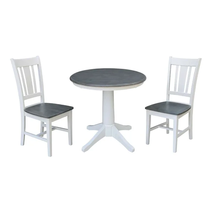 International Concepts (Set of 3 Pcs) -30in Round Top Ped Table with 2 San Remo Chairs in White/Heather Gray Finish – K05-30RT-27B-C10-2
