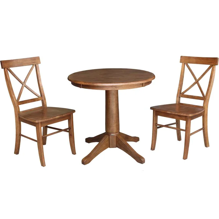 International Concepts (Set of 3 Pcs) -30in Round Top Ped Table with 2 X-Back Chairs in Distressed Oak Finish – K42-30RT-27B-C613-2