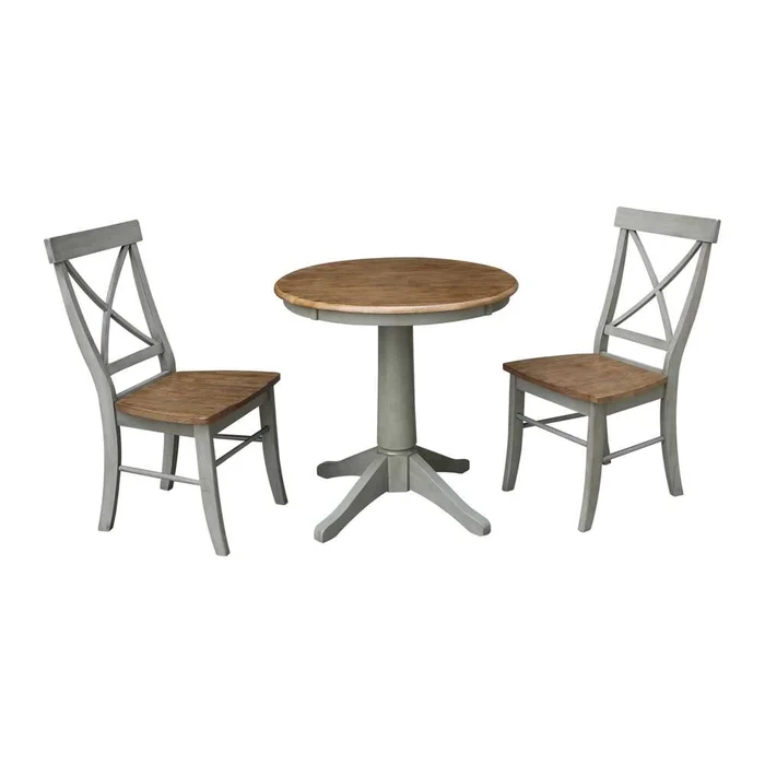 International Concepts (Set of 3 Pcs) -30in Round Top Ped Table with 2 X-Back Chairs in Hickory/Stone Finish – K41-30RT-27B-C613-2