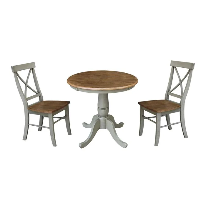 International Concepts (Set of 3 Pcs) -30in Round Top Ped Table with 2 X-Back Chairs in Hickory/Stone Finish – K41-30RT-C613-2