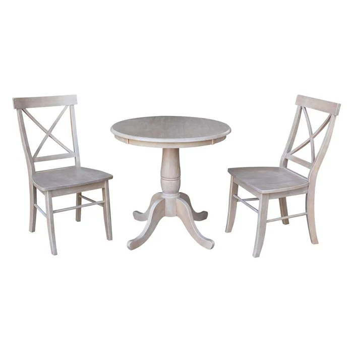 International Concepts (Set of 3 Pcs) -30in Round Top Ped Table with 2 X-Back Chairs in Washed Gray Taupe Finish – K09-30RT-C613-2