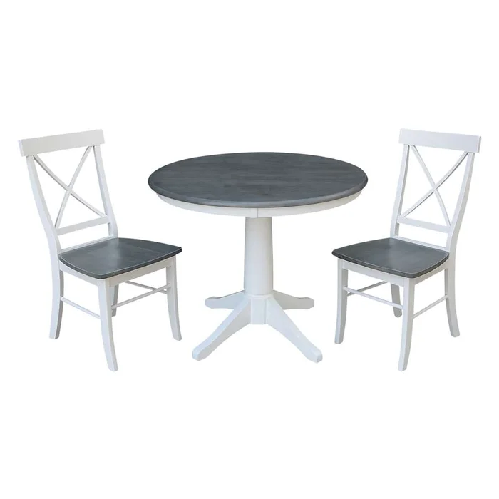 International Concepts (Set of 3 Pcs) -36in Round Top Ped Table with 2 X-Back Chairs in White/Heather Gray Finish – K05-36RT-27B-C613-2