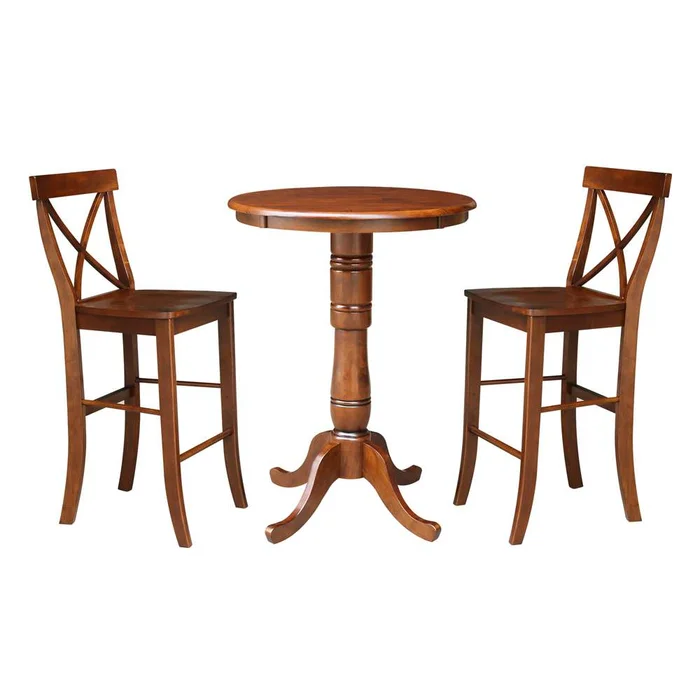 International Concepts (Set of 3 Pcs) – 30in Round Pedestal Bar Height Table with 2 RTA Bar Height Stools in Espresso Finish – K581-30RT-6B-S6133-2