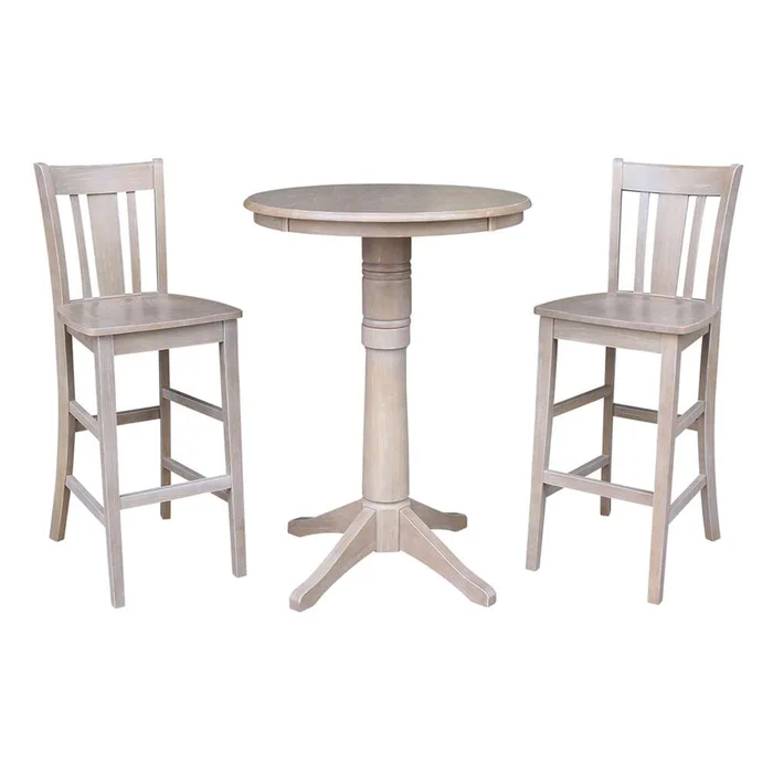 International Concepts (Set of 3 Pcs) – 30in Round Pedestal Bar Height Table with 2 San Remo Bar Height Stools in Washed Gray Taupe Finish – K09-30RT-27B-6B-2-S103-2