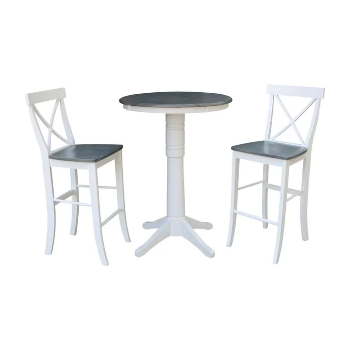 International Concepts (Set of 3 Pcs) – 30in Round Pedestal Bar Height Table with 2 X-Back Bar Height Stools in White/Heather Gray Finish – K05-30RT-27B-S6133-2