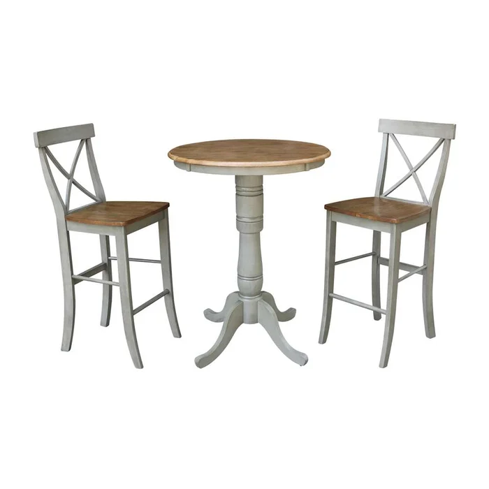 International Concepts (Set of 3 Pcs) – 30in Round Pedestal Bar Height Table with 2 X-Back Bar Height Stools in Hickory/Stone Finish – K41-30RT-6B-S6133-2