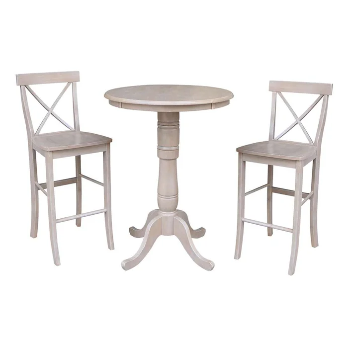 International Concepts (Set of 3 Pcs) – 30in Round Pedestal Bar Height Table with 2 X-Back Bar Height Stools in Washed Gray Taupe Finish – K09-30RT-6B-2-S6133-2