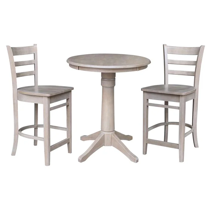 International Concepts (Set of 3 Pcs) – 30in Round Pedestal Gathering Height Table with 2 Counter Height Stools in Washed Gray Taupe Finish – K09-30RT-27B-S6172-2