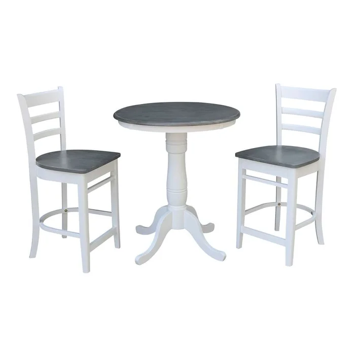 International Concepts (Set of 3 Pcs) – 30in Round Pedestal Gathering Height Table with 2 Emily Counter Height Stools in White/Heather Gray Finish – K05-30RT-6B-S6172-2