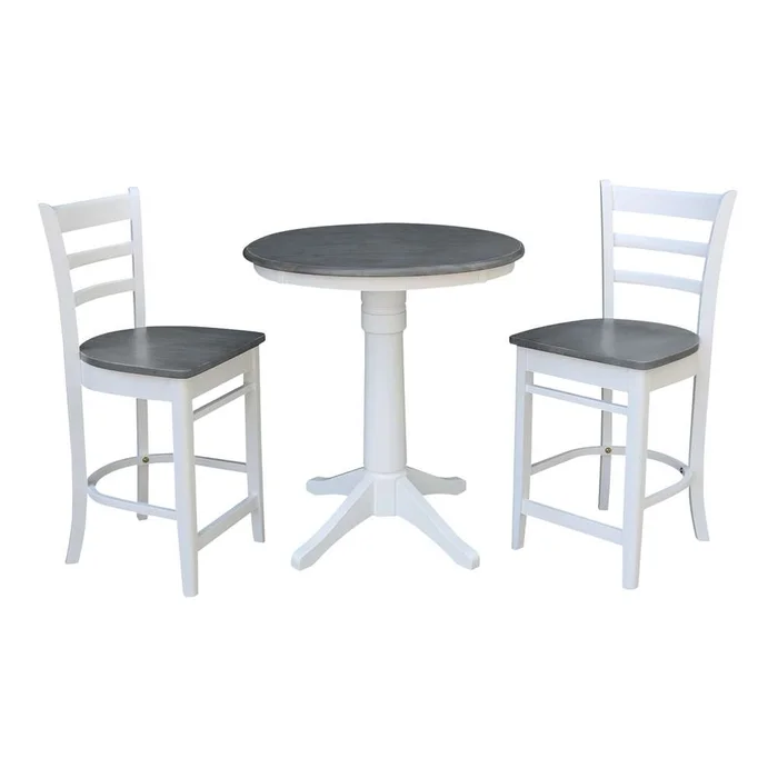 International Concepts (Set of 3 Pcs) – 30in Round Pedestal Gathering Height Table with 2 Emily Counter Height Stools in White/Heather Gray Finish – K05-30RT-27B-S6172-2