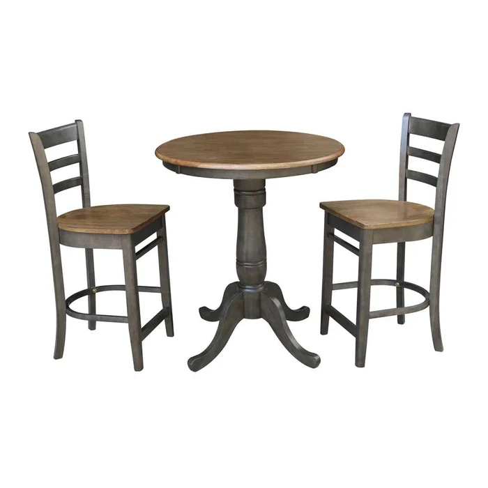 International Concepts (Set of 3 Pcs) – 30in Round Pedestal Gathering Height Table with 2 Emily Counter Height Stools in Hickory/Washed Coal Finish – K45-30RT-6B-S6172-2