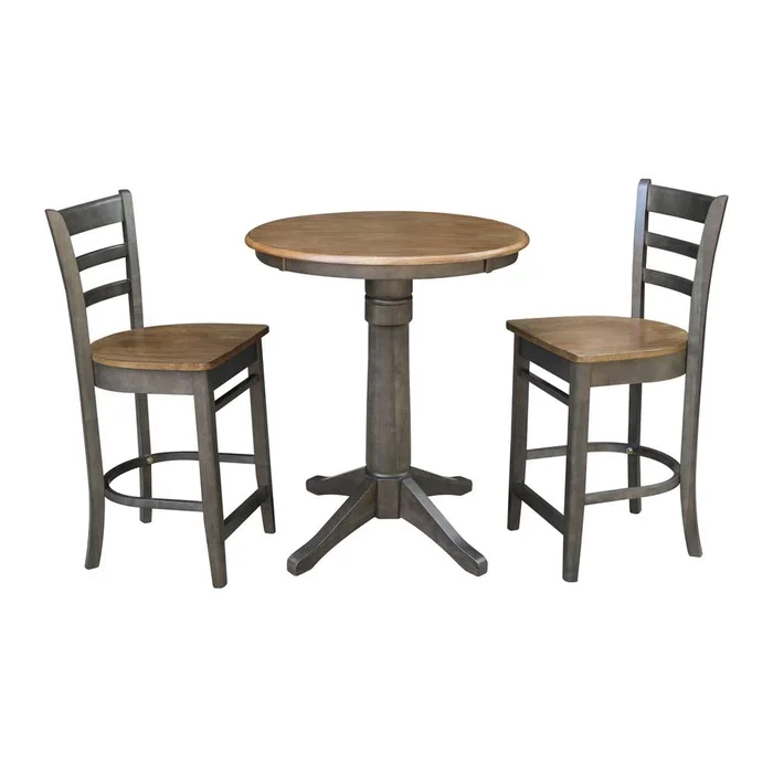 International Concepts (Set of 3 Pcs) – 30in Round Pedestal Gathering Height Table with 2 Emily Counter Height Stools in Hickory/Washed Coal Finish – K45-30RT-27B-S6172-2